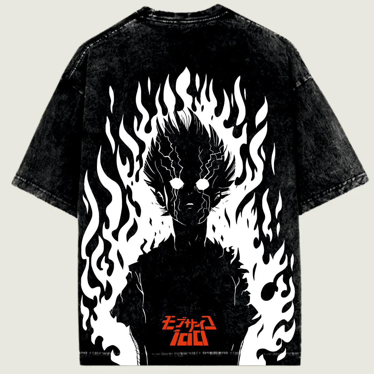 Black t-shirt with white flame design and red text 