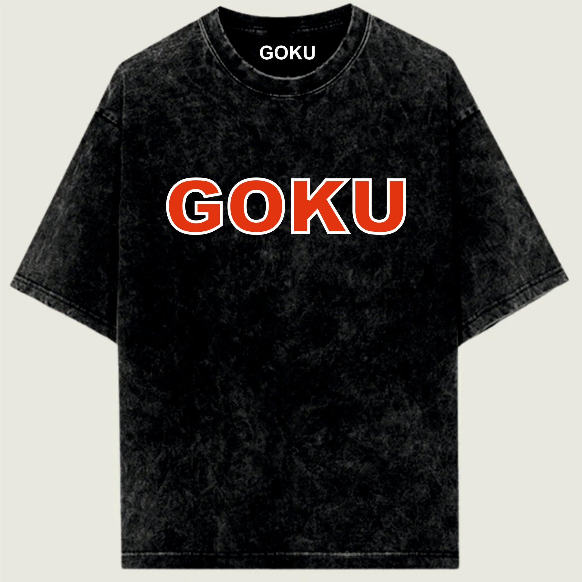 Black t-shirt with 'GOKU' printed in red