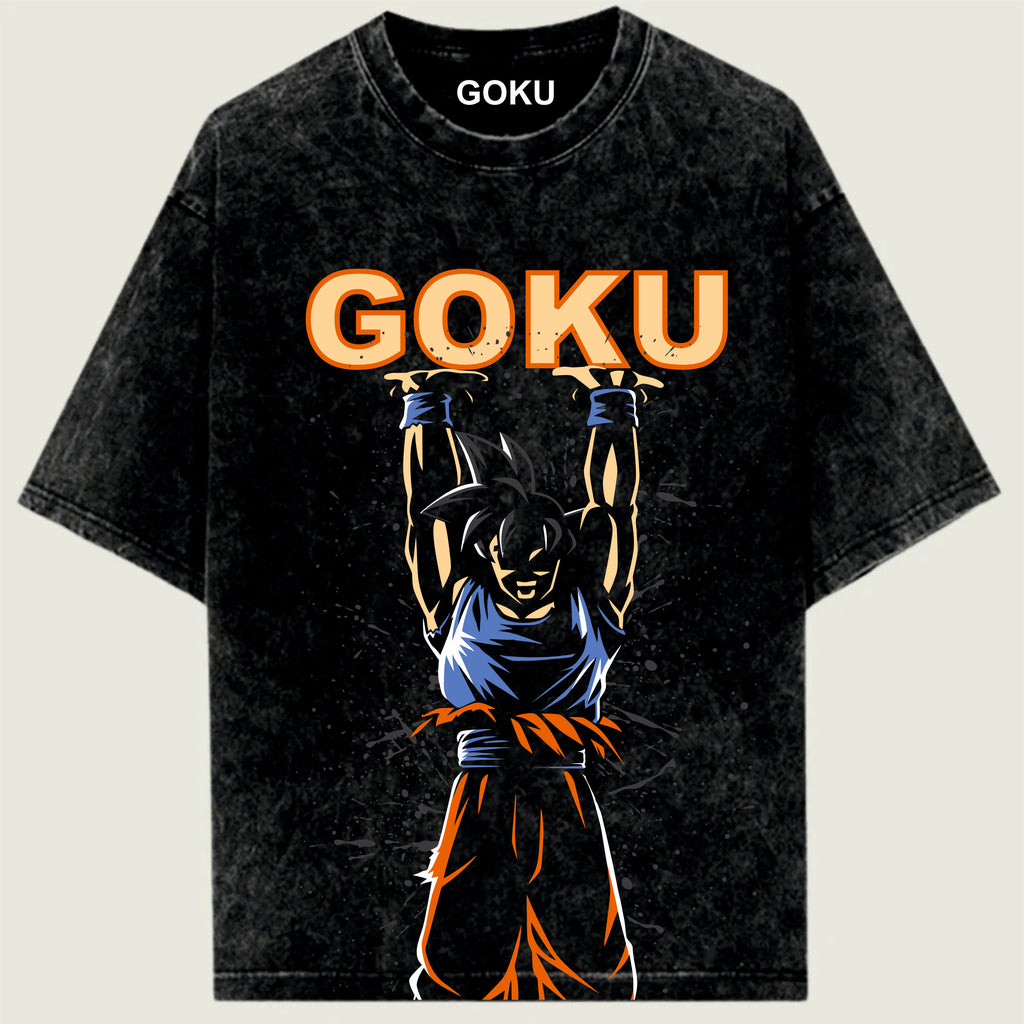 Black t-shirt with 'Goku' graphic and character design