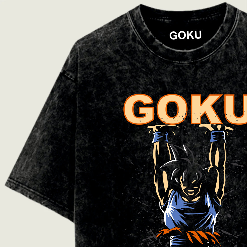 Black t-shirt with 'GOKU' graphic and character design