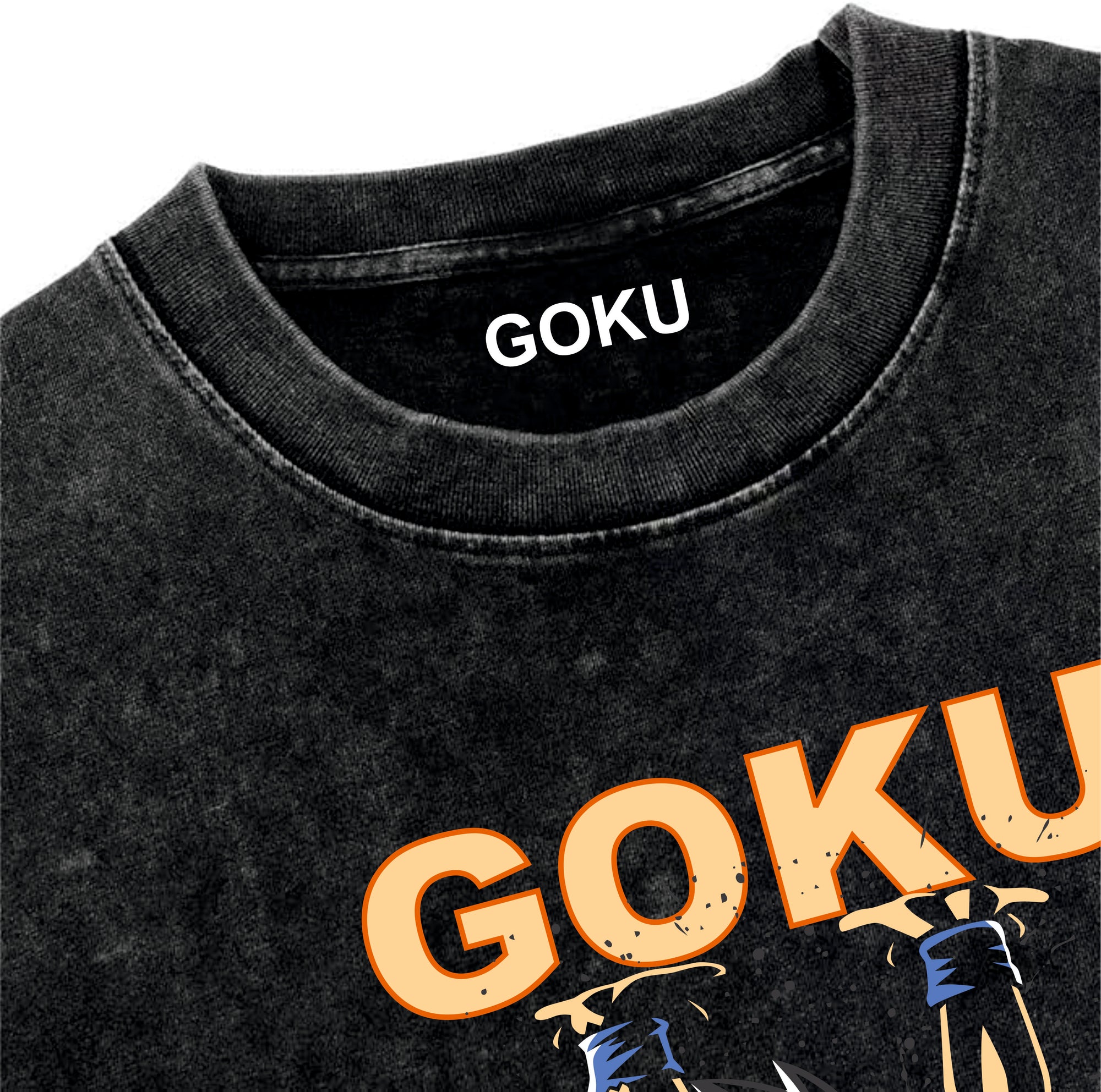 Black t-shirt with 'GOKU' printed on it, featuring a character in a dynamic pose.