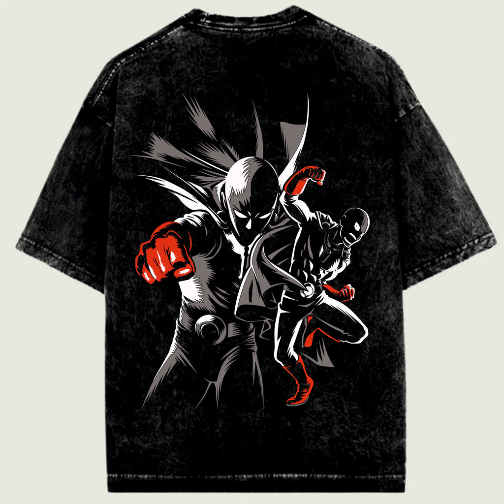 Black t-shirt with a graphic design of a superhero in a dynamic pose
