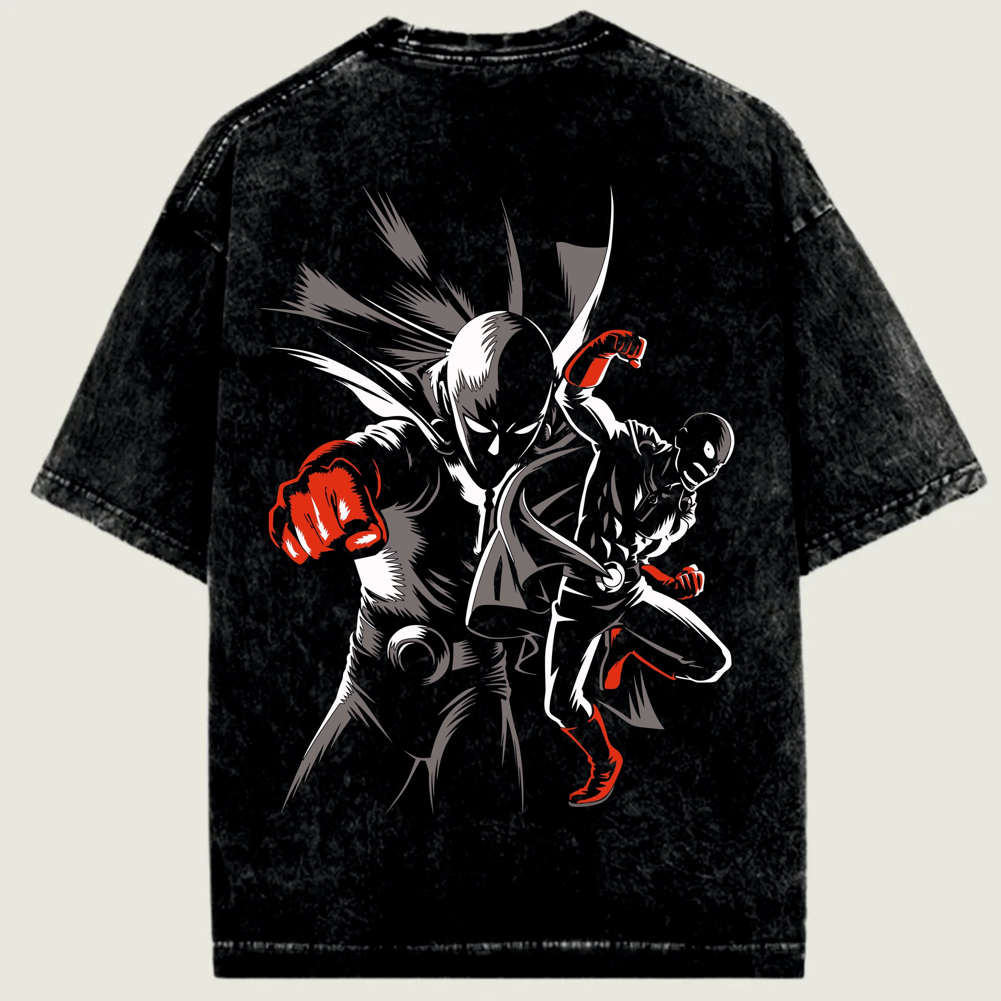 Black t-shirt with a graphic design of a superhero in a dynamic pose
