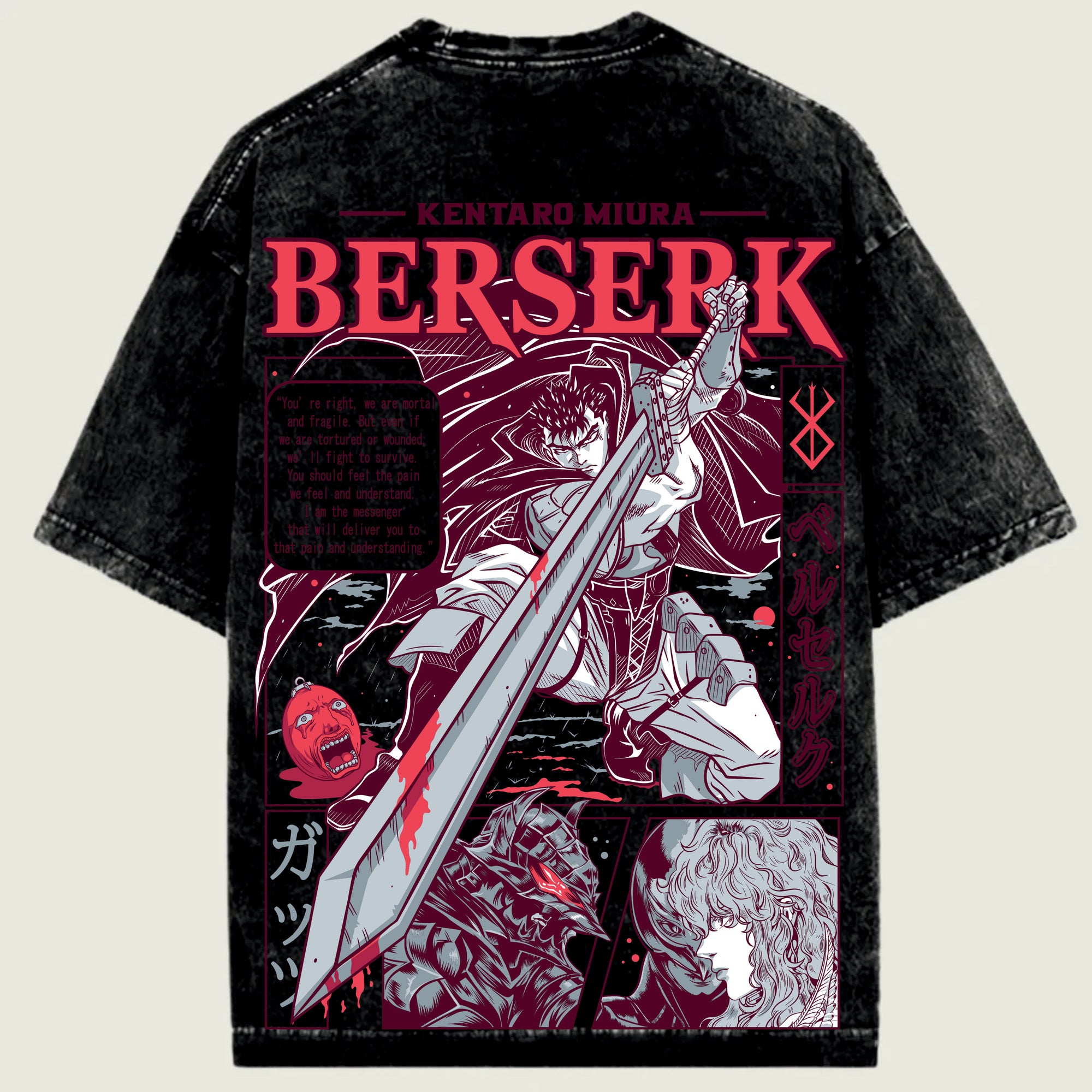 Black t-shirt with 'Berserk' graphic design featuring a character with a sword