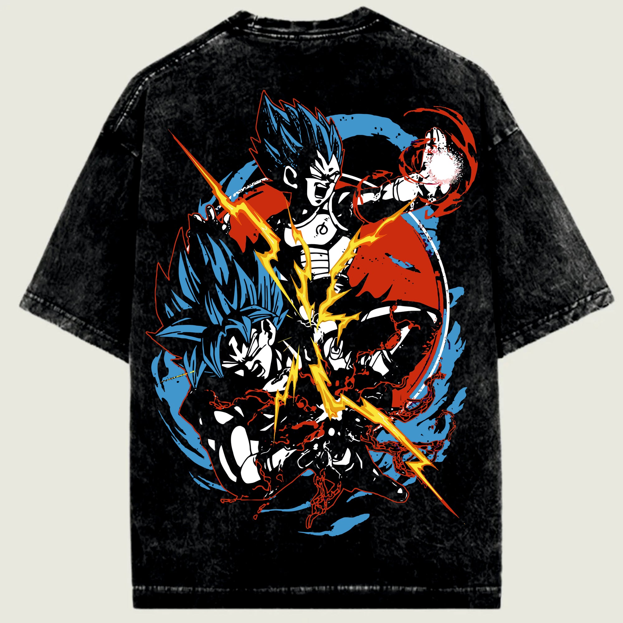 Black t-shirt with colorful graphic design of two characters