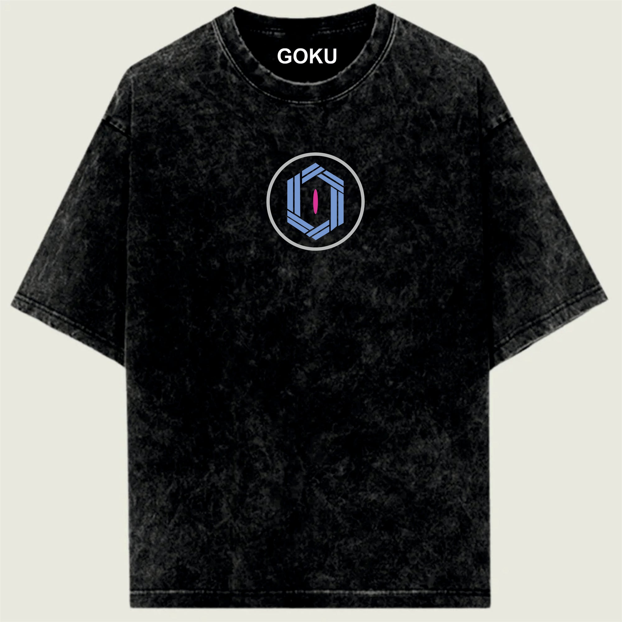 Black t-shirt with a circular logo and 'GOKU' text on a light