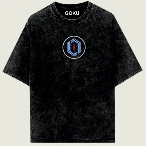 Black t-shirt with a circular logo and 'GOKU' text on a light