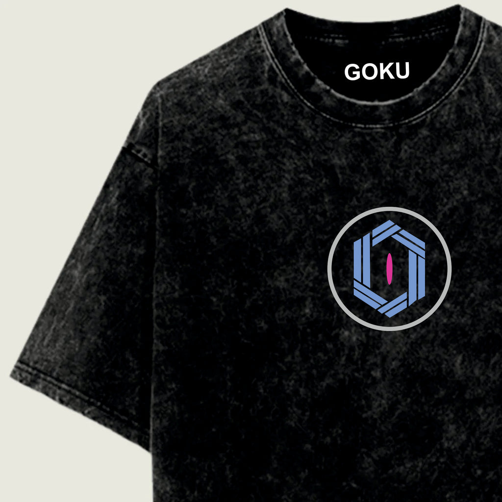 Black t-shirt with a blue and pink symbol and 'GOKU' text