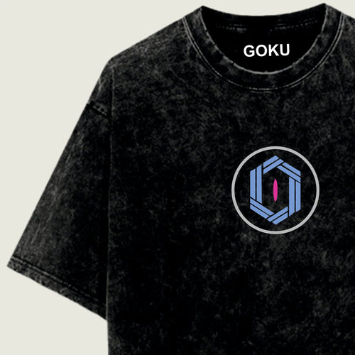 Black t-shirt with a blue and pink symbol and 'GOKU' text