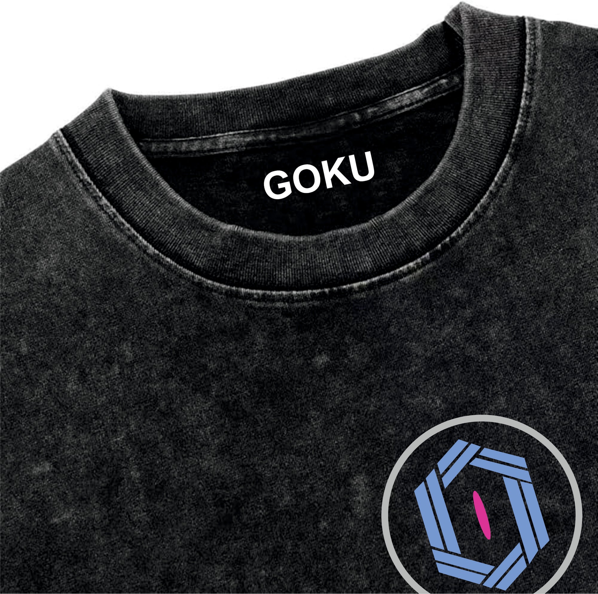 Black t-shirt with 'GOKU' text on neckline and blue and pink logo on sleeve.