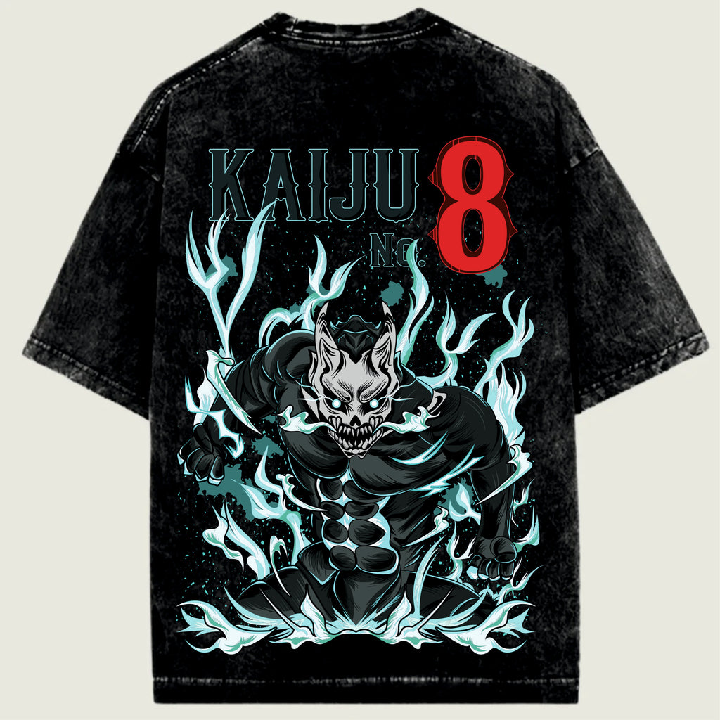 Black t-shirt with a Kaiju design and 'Kaiju No. 8' text.