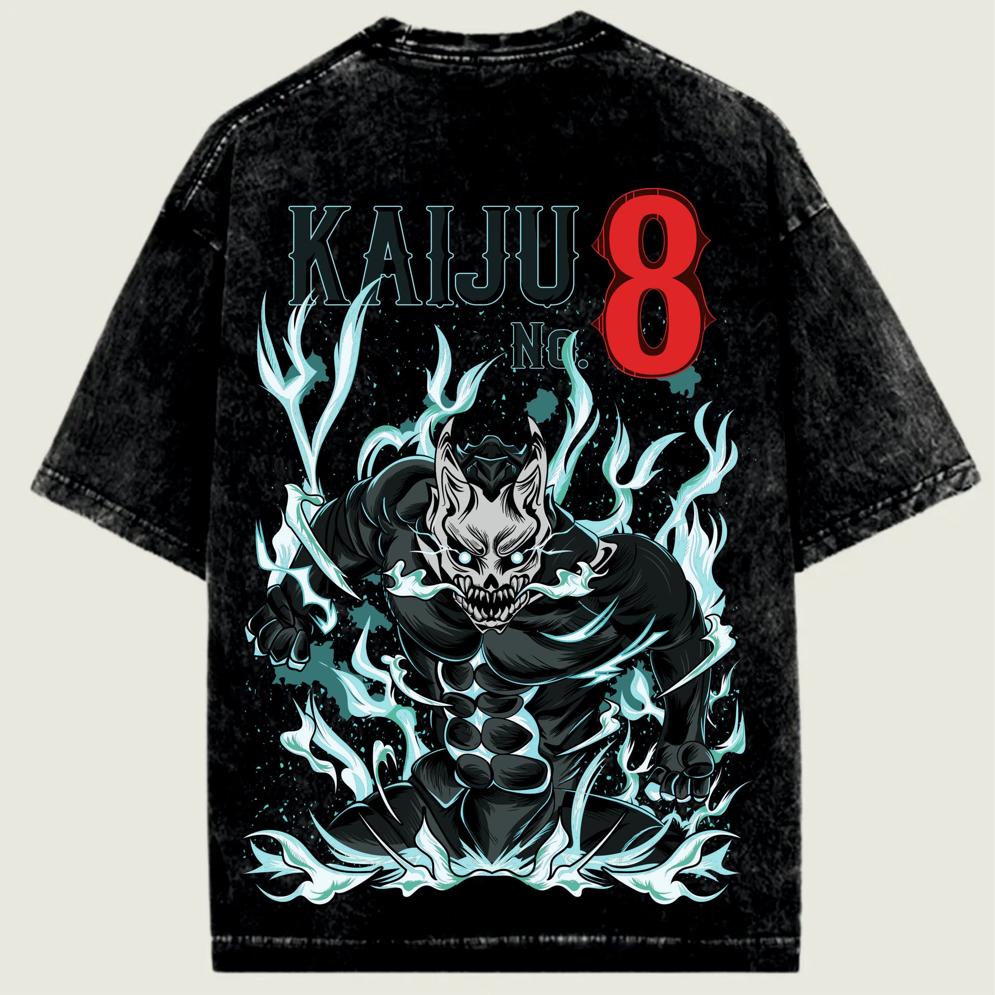 Black t-shirt with a Kaiju design and 'Kaiju No. 8' text.
