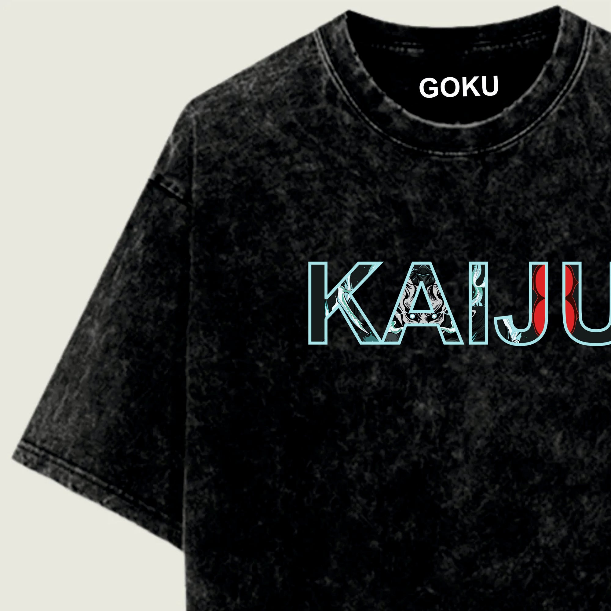 Black t-shirt with 'GOKU KAIJU' text 