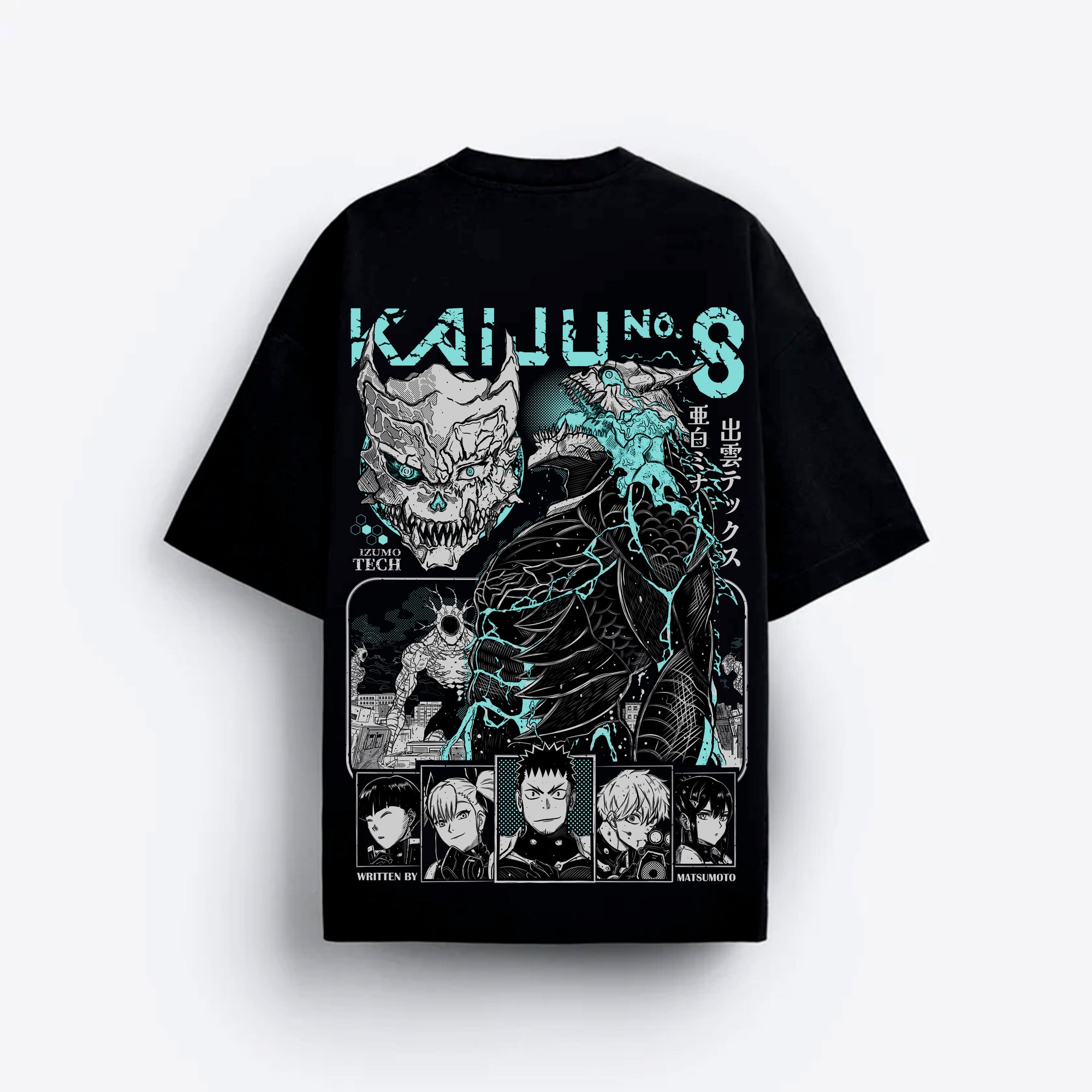 Black t-shirt with green and white graphic Kaiju no 8 design