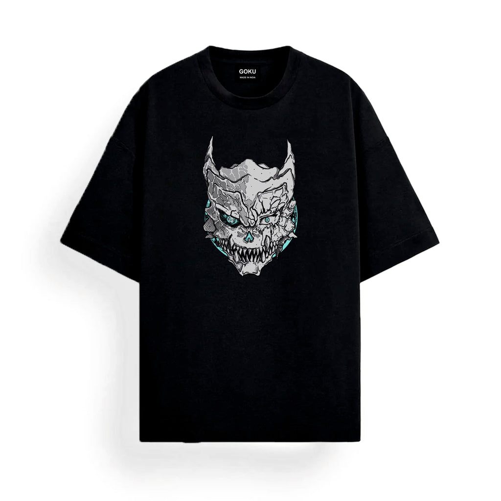 Black t-shirt with a graphic Kaiju design 