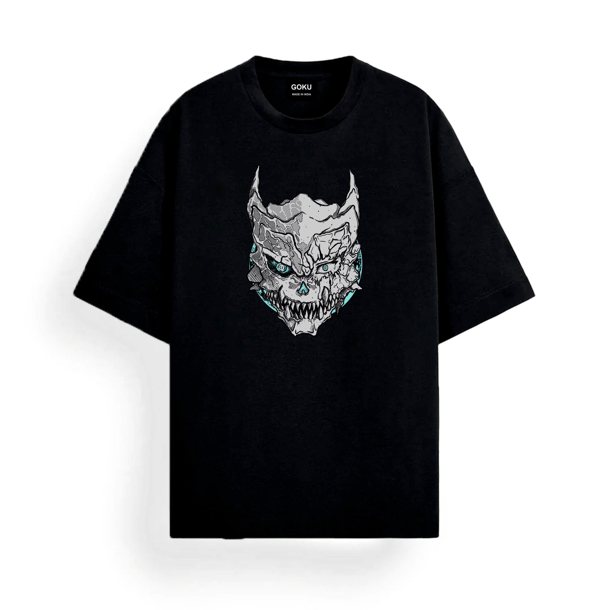 Black t-shirt with a graphic Kaiju design 