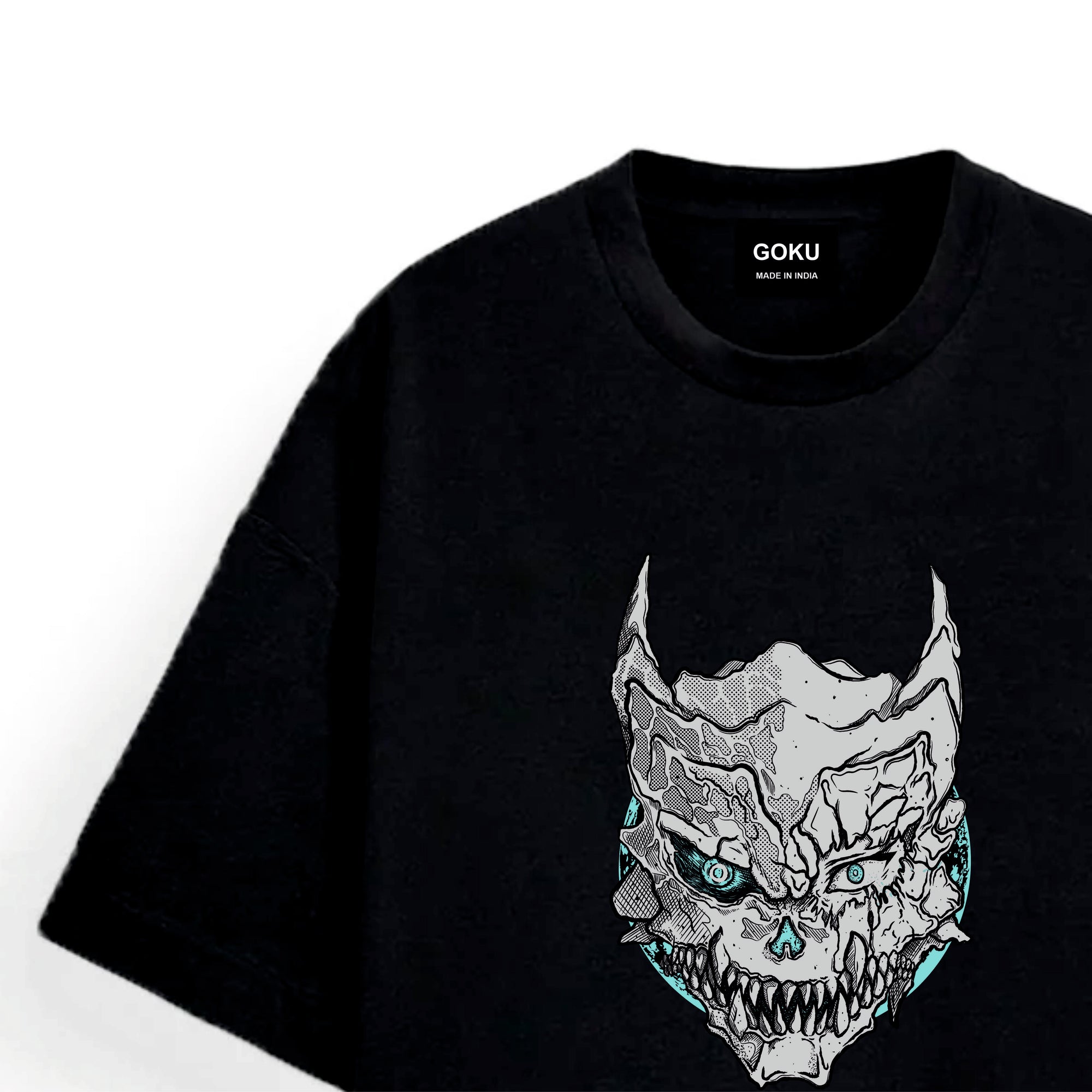 Black t-shirt with a graphic design of a skull with glowing eyes.