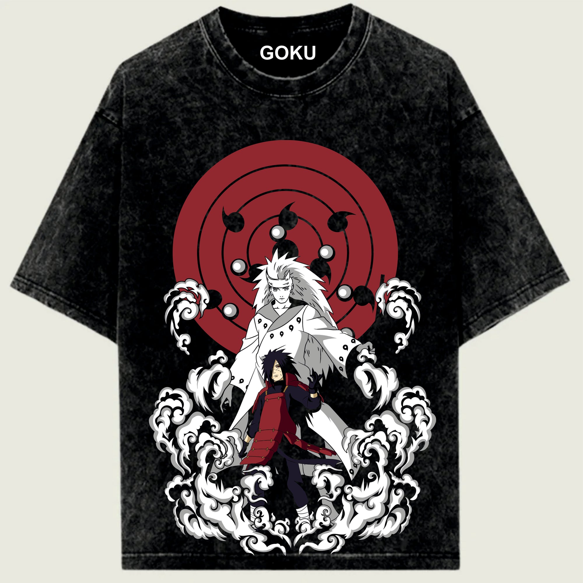 Black t-shirt with anime character design and 'Goku' branding on a light 