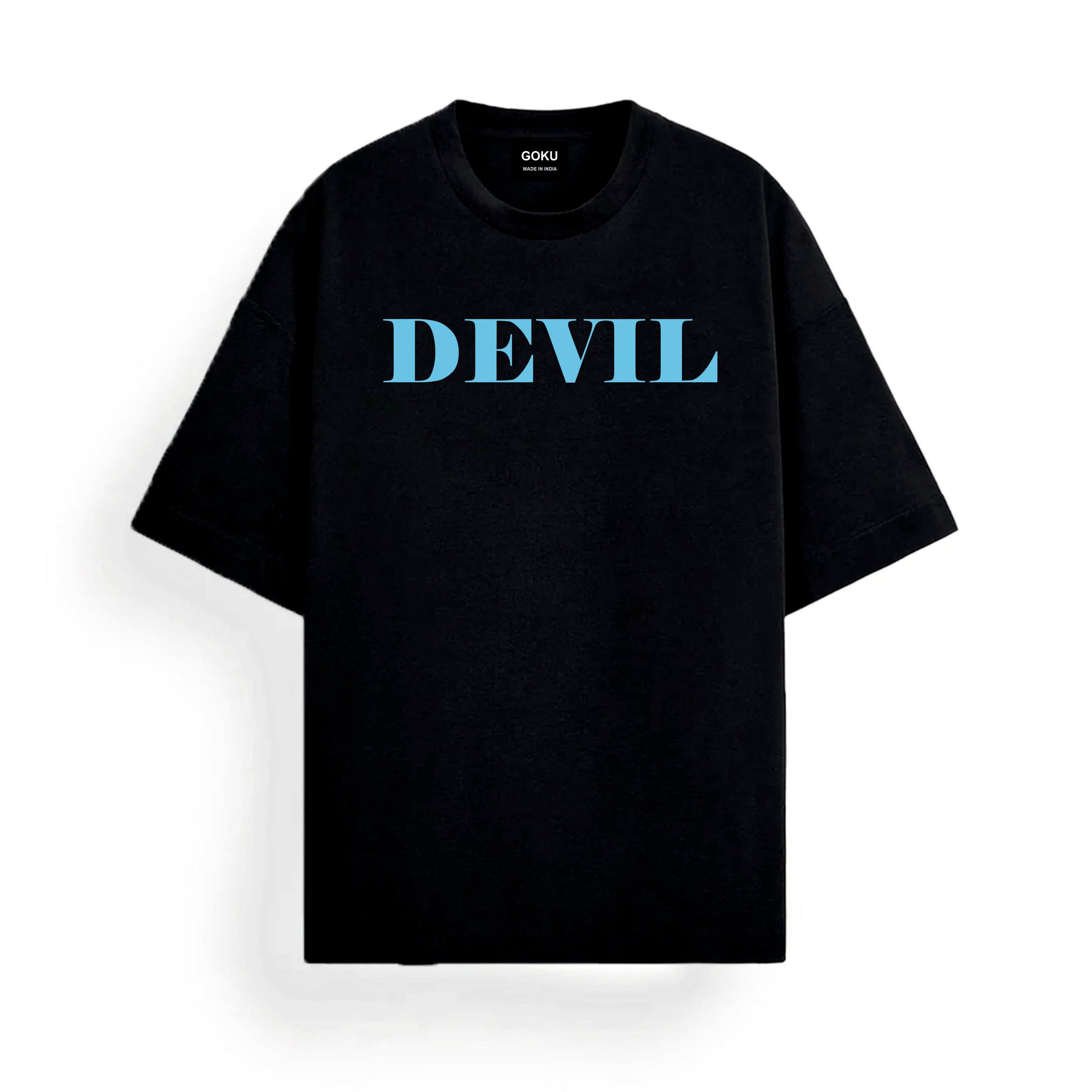 Black t-shirt with 'DEVIL' printed in turquoise
