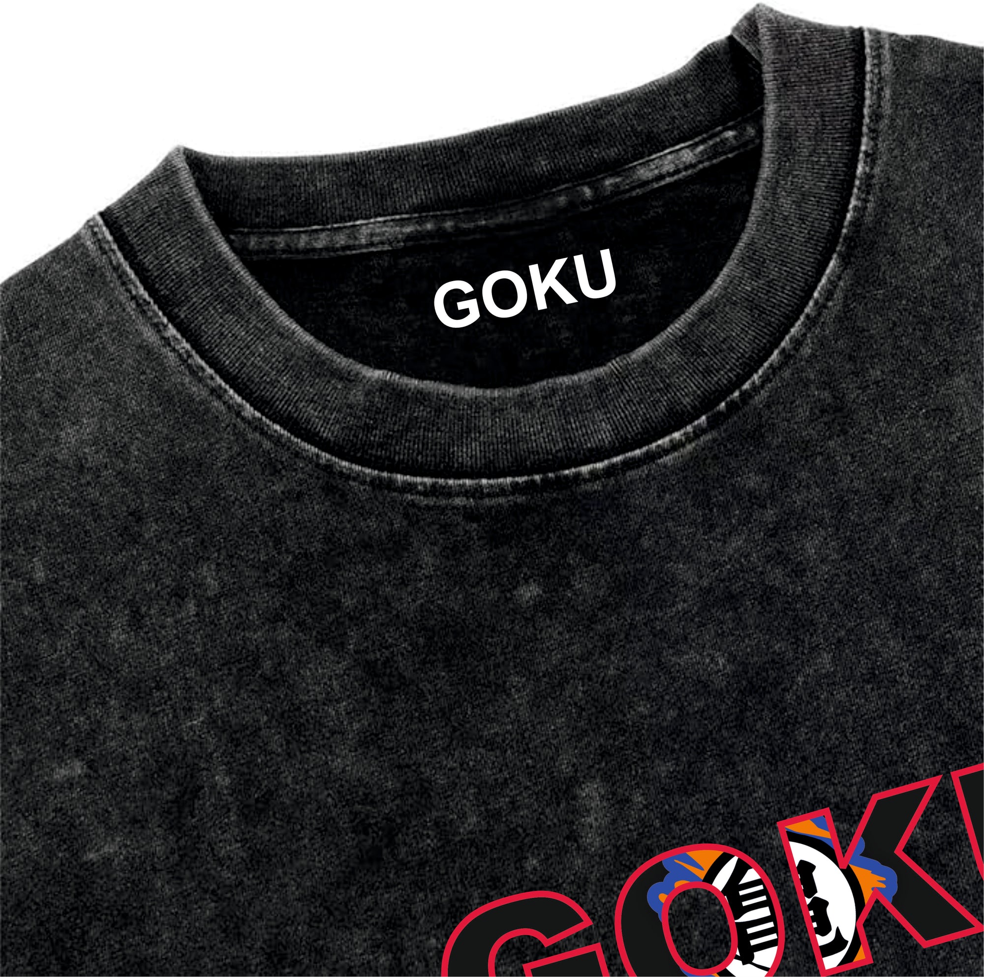 Black t-shirt with 'GOKU' printed on a white background