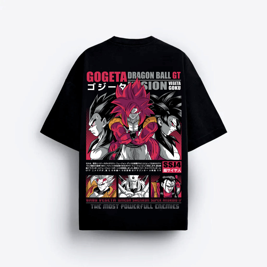 Black t-shirt with Gogeta design and text