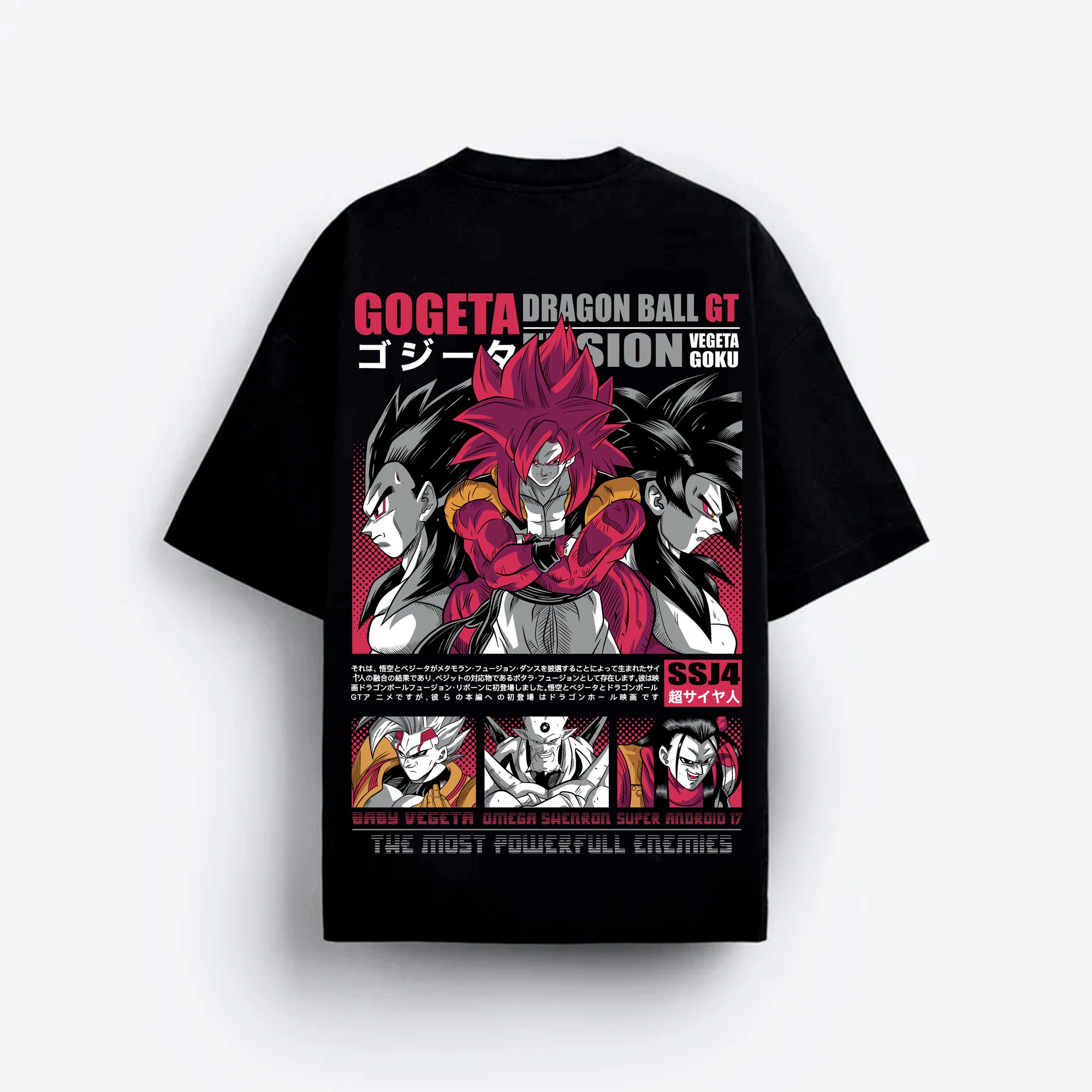 Black t-shirt with Gogeta design and text