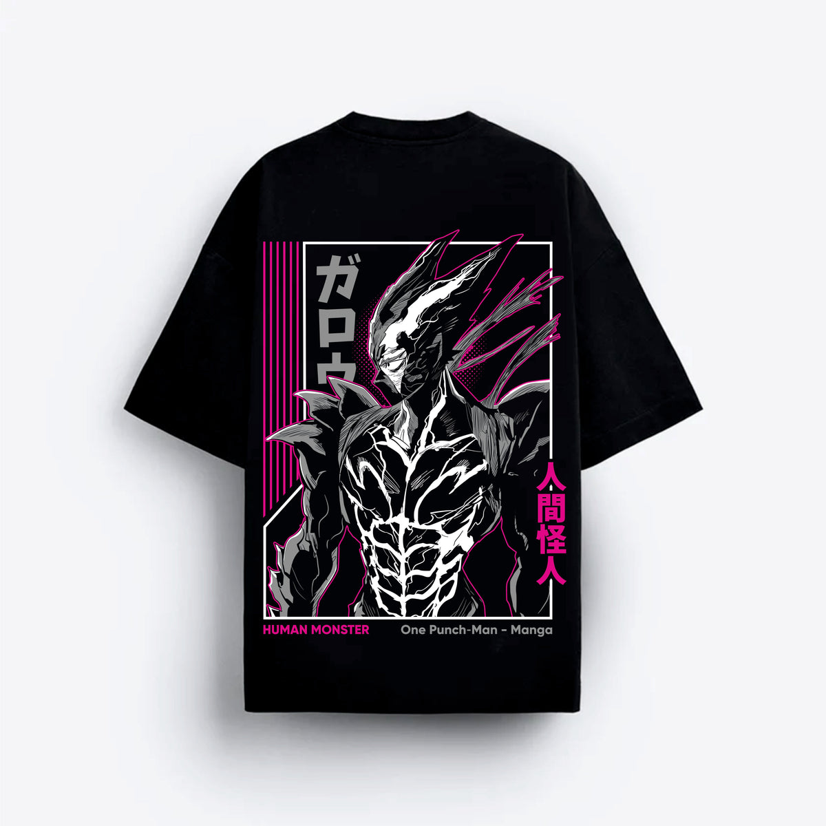 Black t-shirt with a graphic design of a creature and Japanese text on a white background