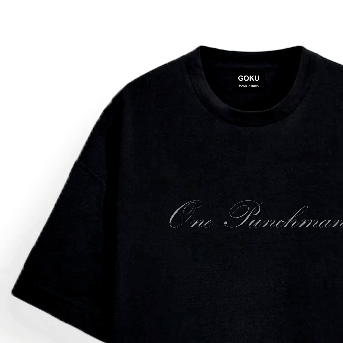 Black t-shirt with 'One Punchman' text and 'GOKU' branding on a white background