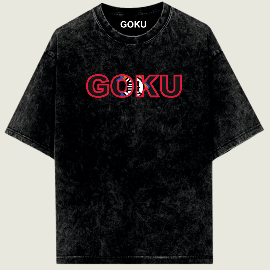 Black t-shirt with 'GOKU' printed in pink and red on a beige background