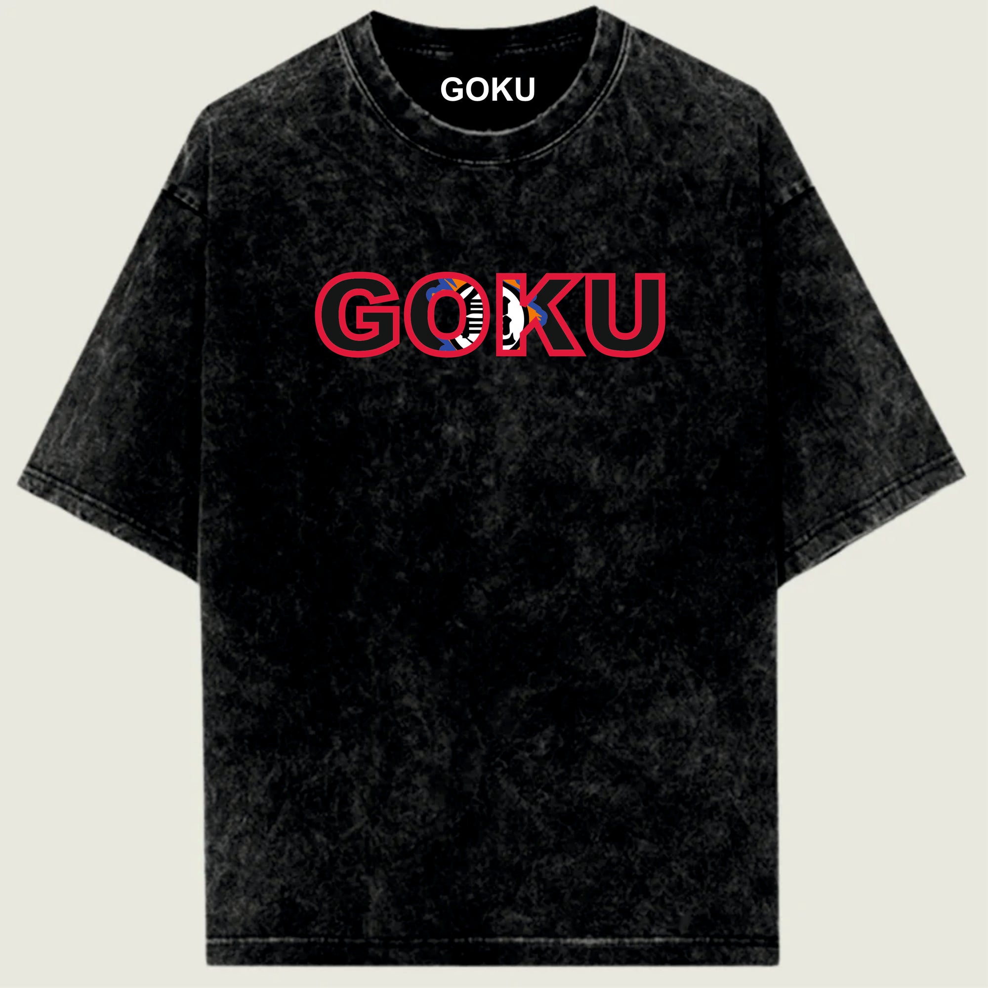 Black t-shirt with 'GOKU' printed in pink and red on a beige background