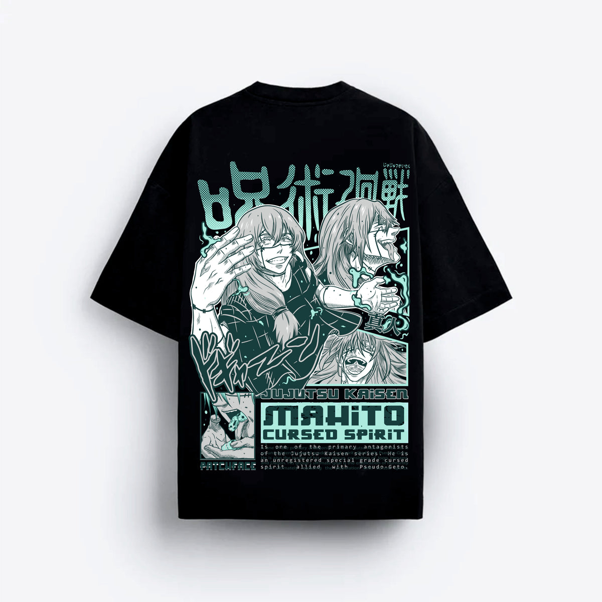 Black t-shirt with anime-style graphic and text