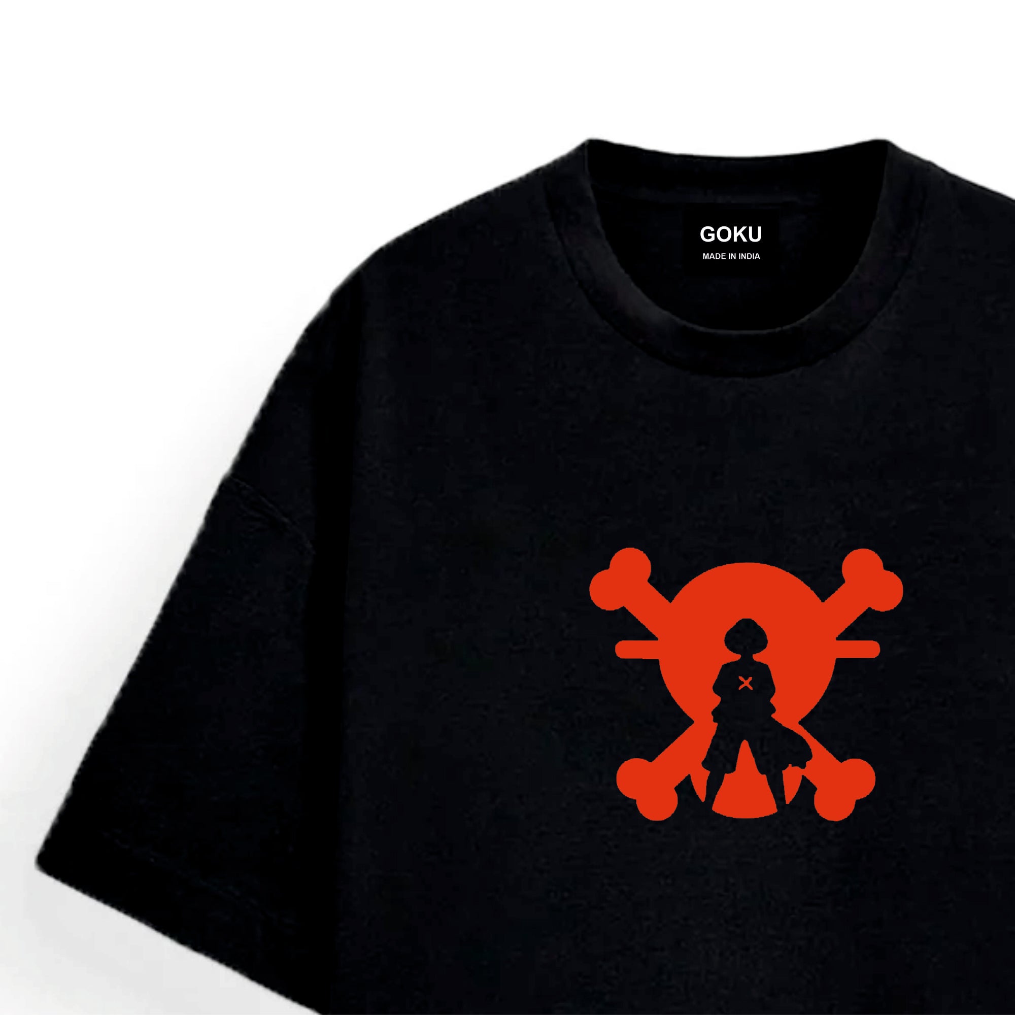 Black t-shirt with red skull and crossbones design