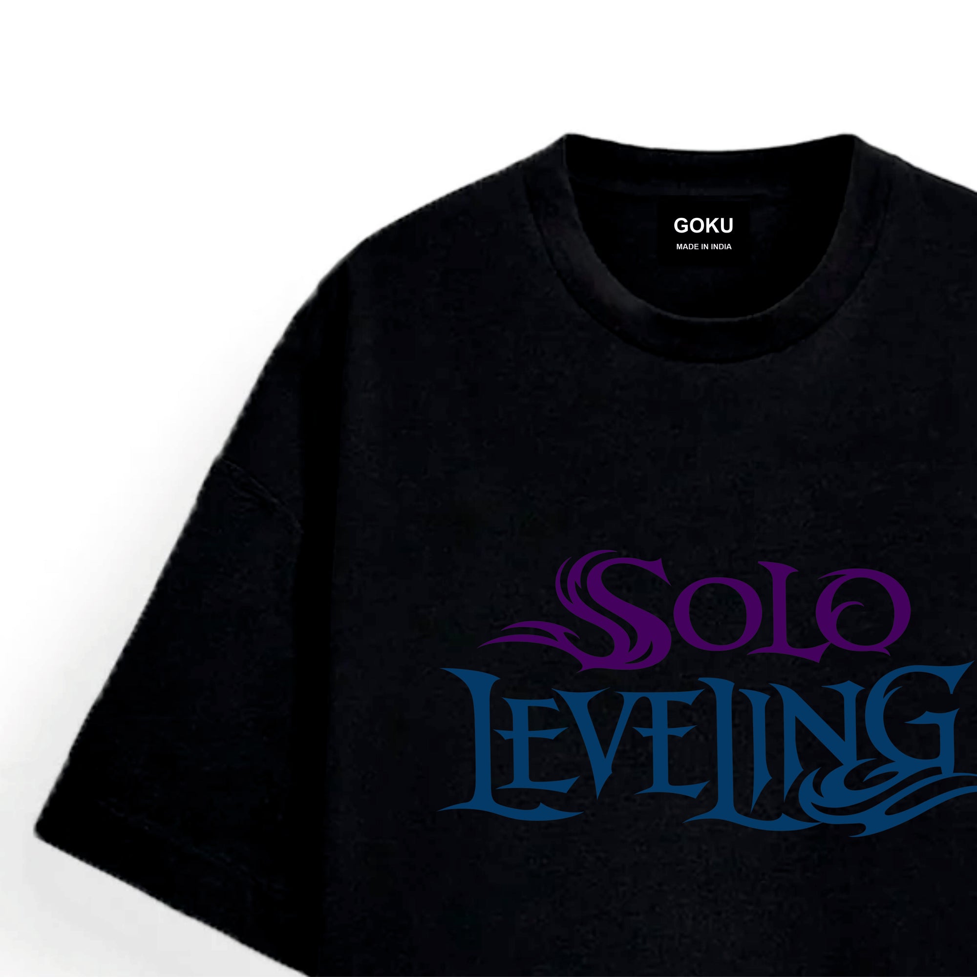 Black t-shirt with 'Solo Leveling' text in blue and purple