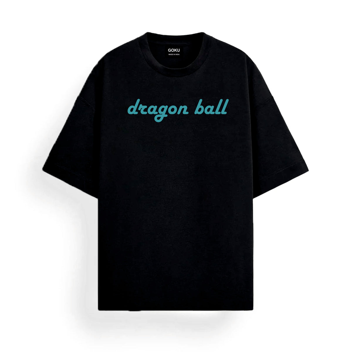 Black t-shirt with 'dragon ball' text in green