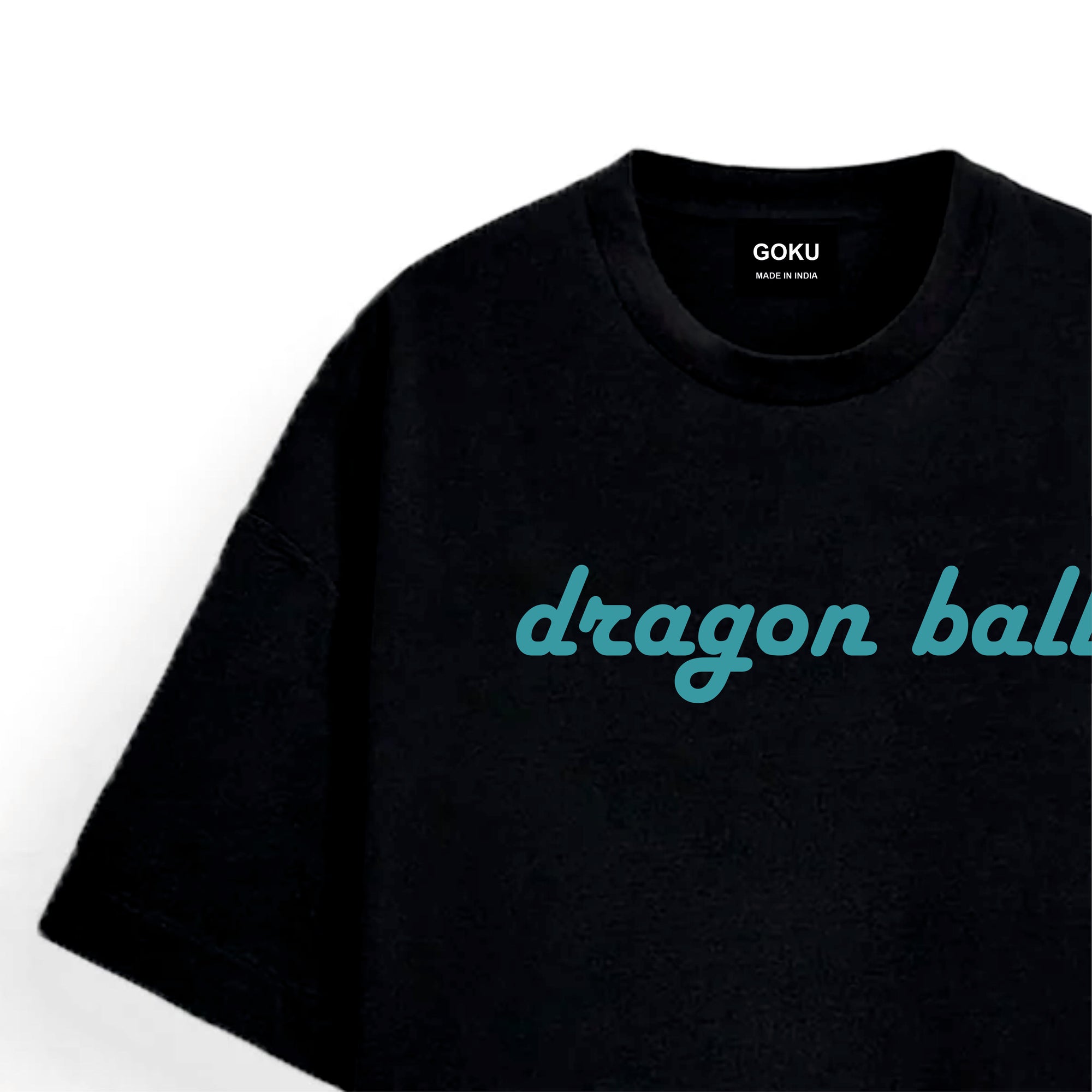 Black t-shirt with 'dragon ball' text in green