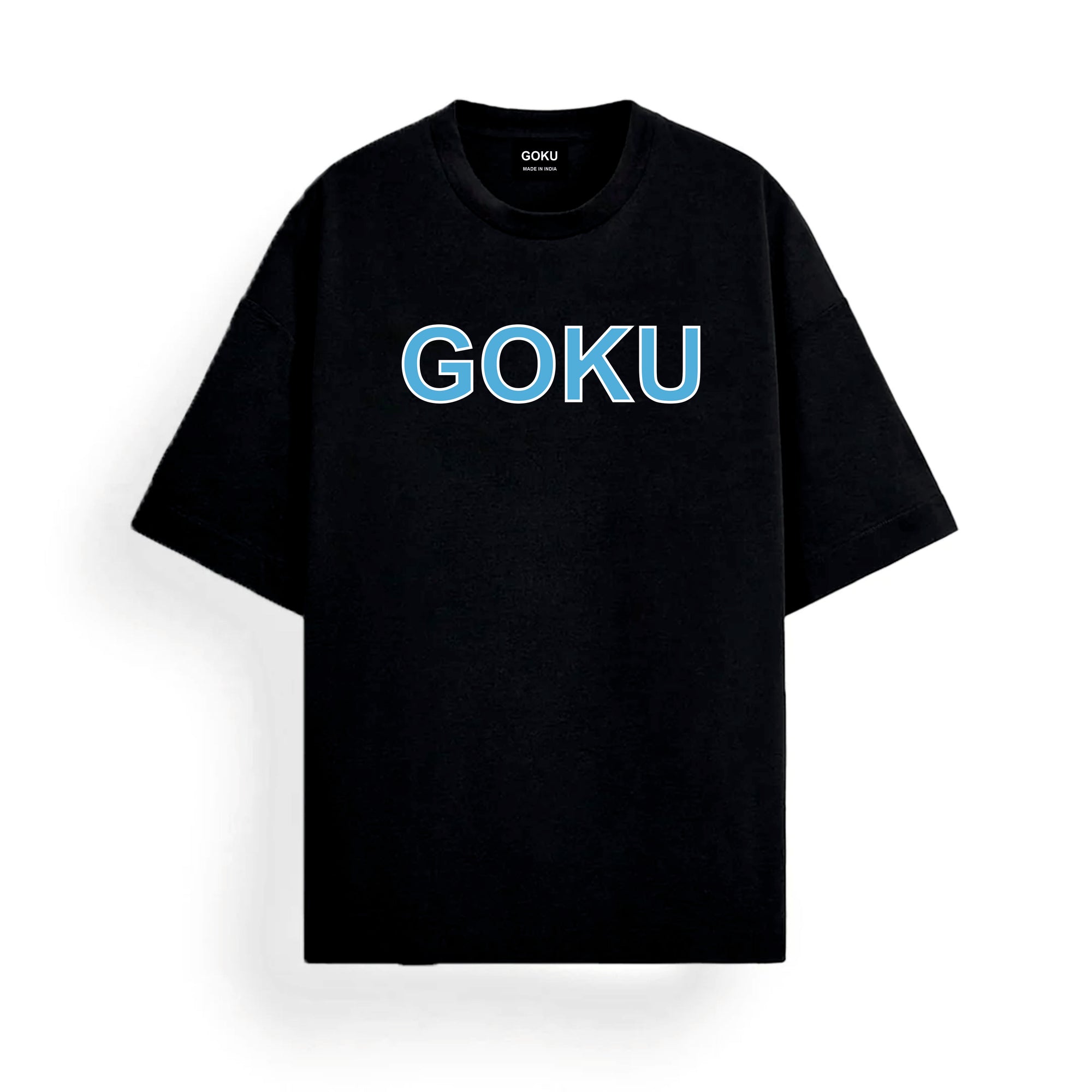 Black t-shirt with 'GOKU' printed in blue