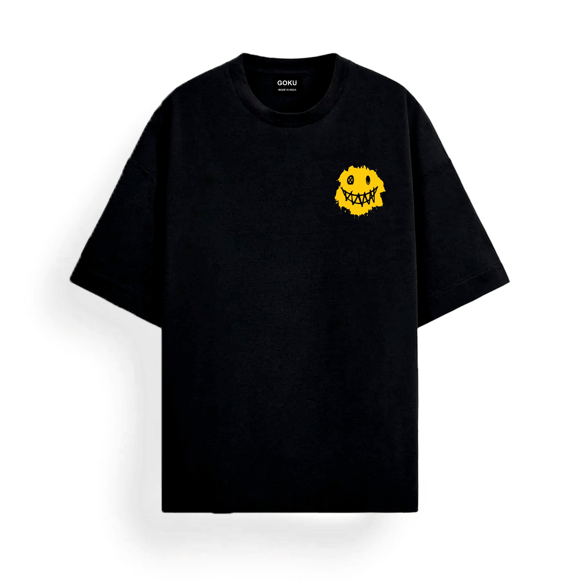 Black t-shirt with a yellow smiley face design on a white background