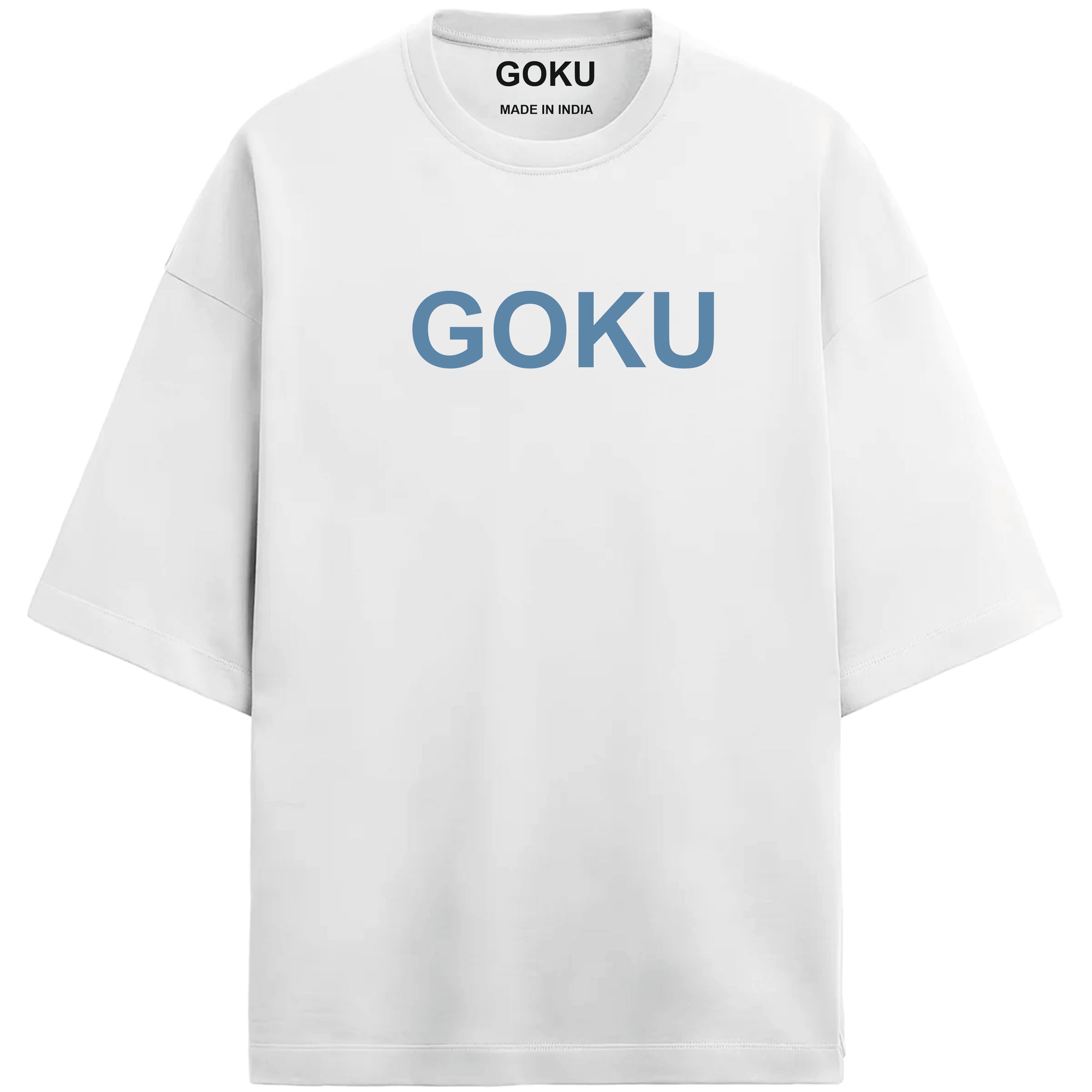 White t-shirt with 'GOKU' printed in blue on a white background