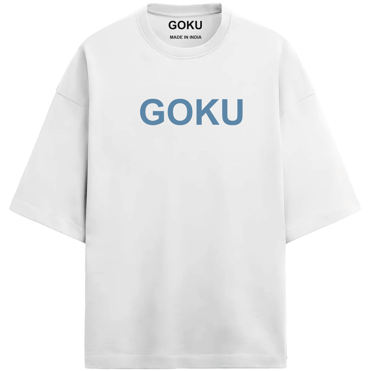 White t-shirt with 'GOKU' printed in blue on a white background
