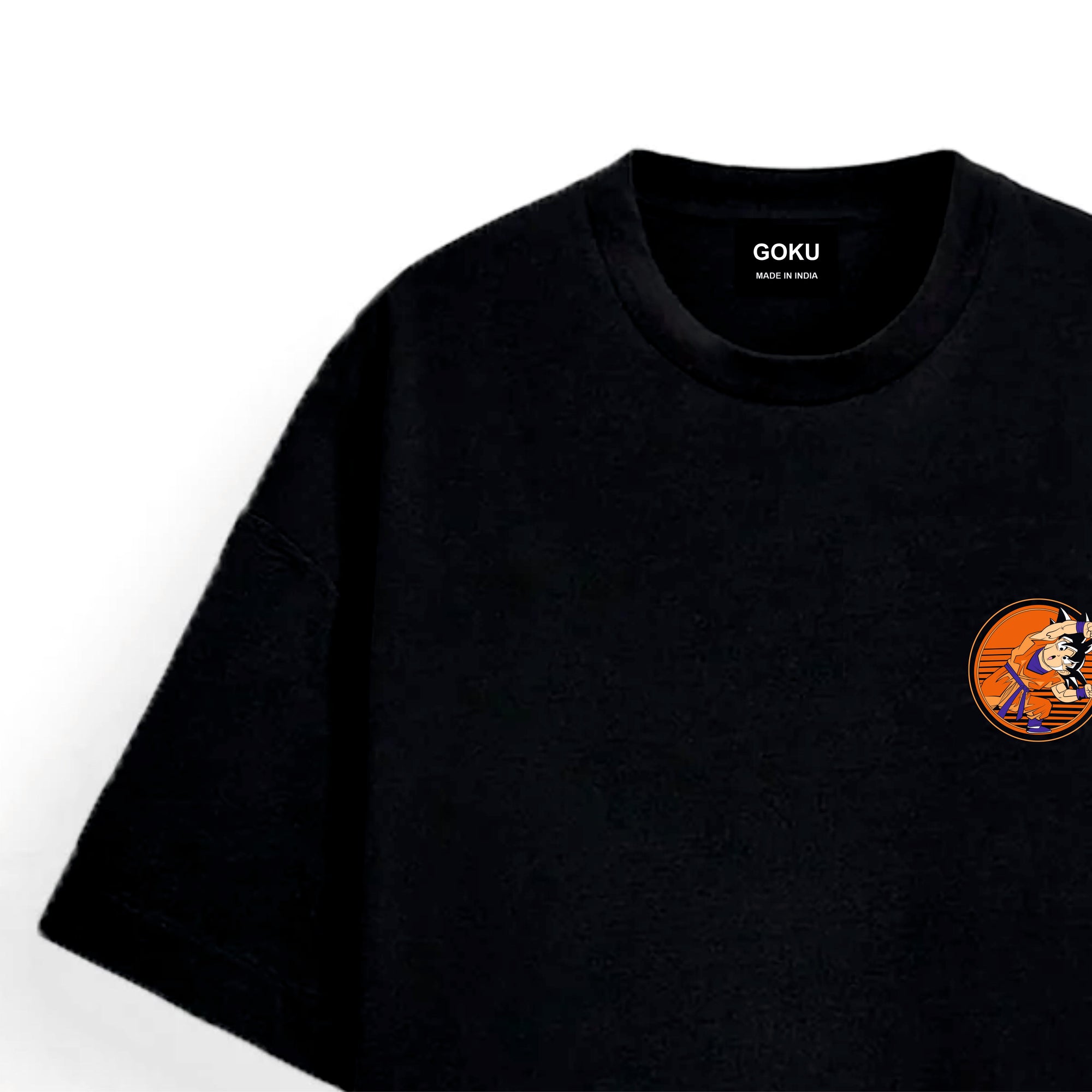Black t-shirt with a small logo on the chest