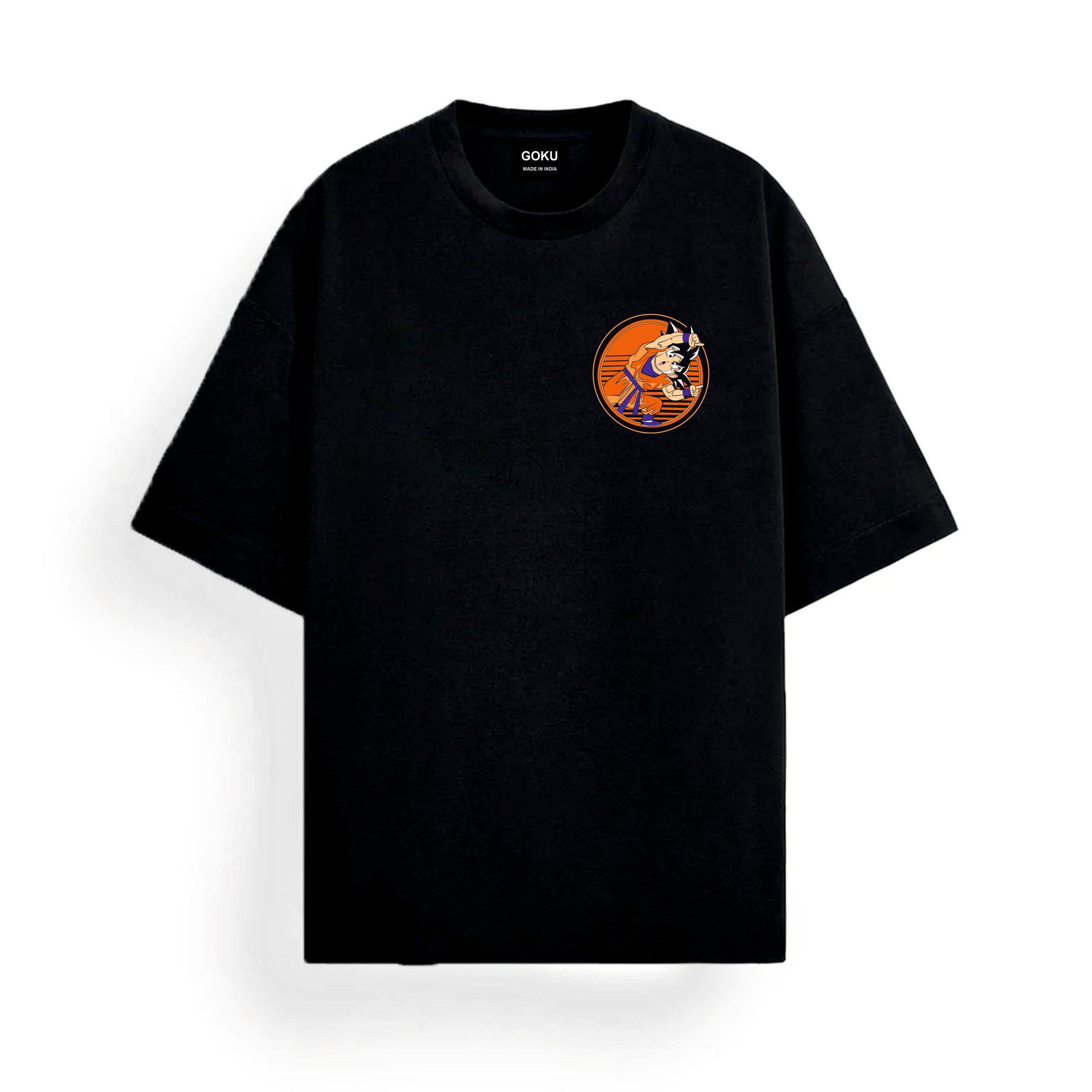 Black t-shirt with a small logo on the ches