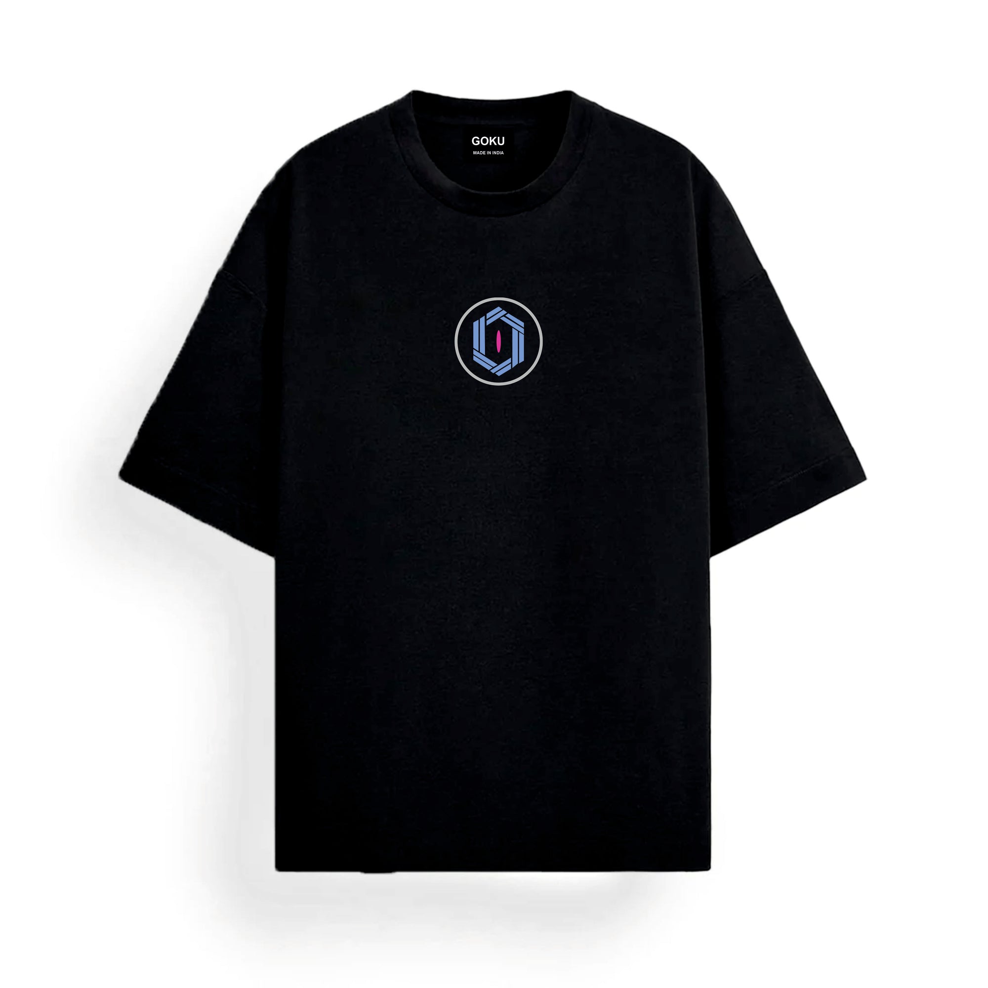 Black t-shirt with a small logo on the chest