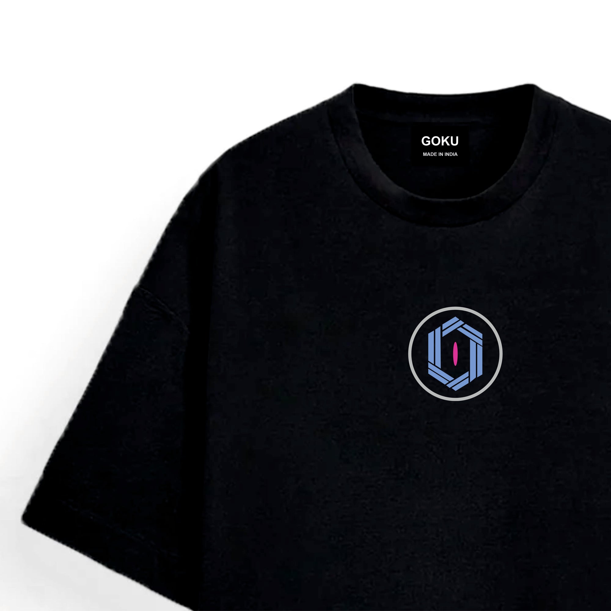 Black t-shirt with a circular logo on the chest