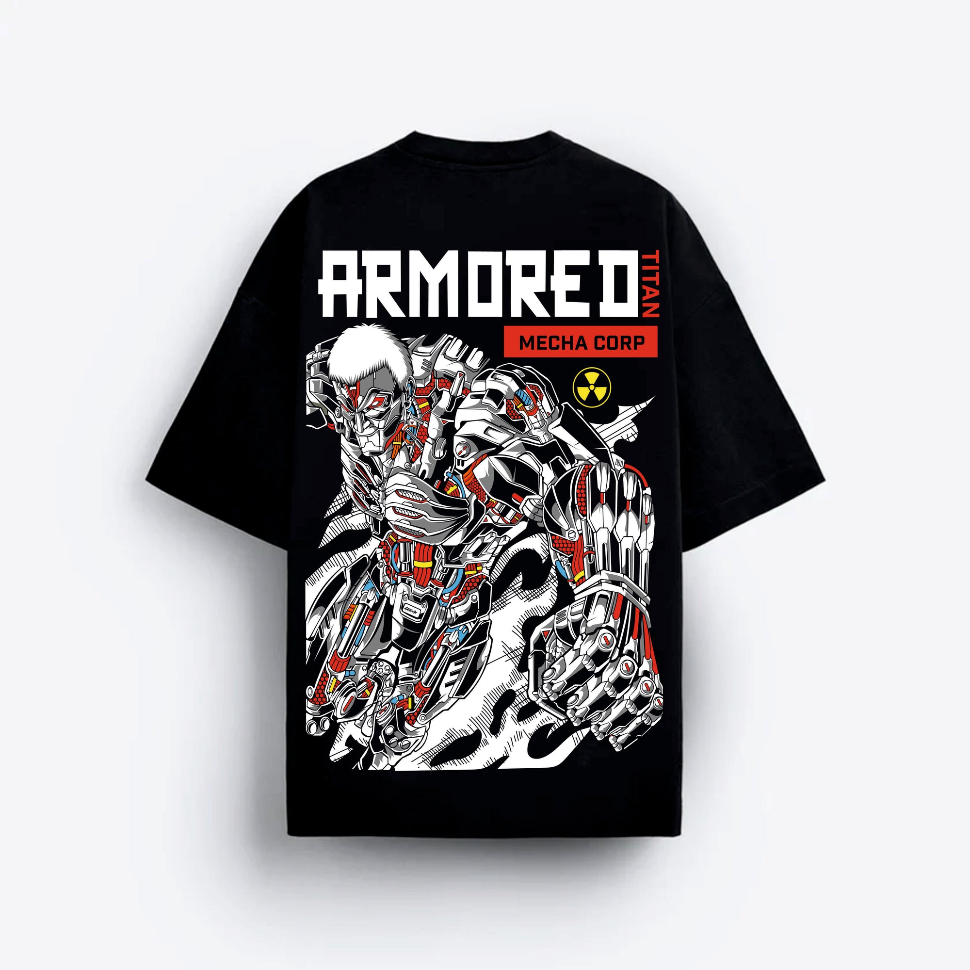 Black t-shirt with robot graphic and 'Armored Mecha Corp' text