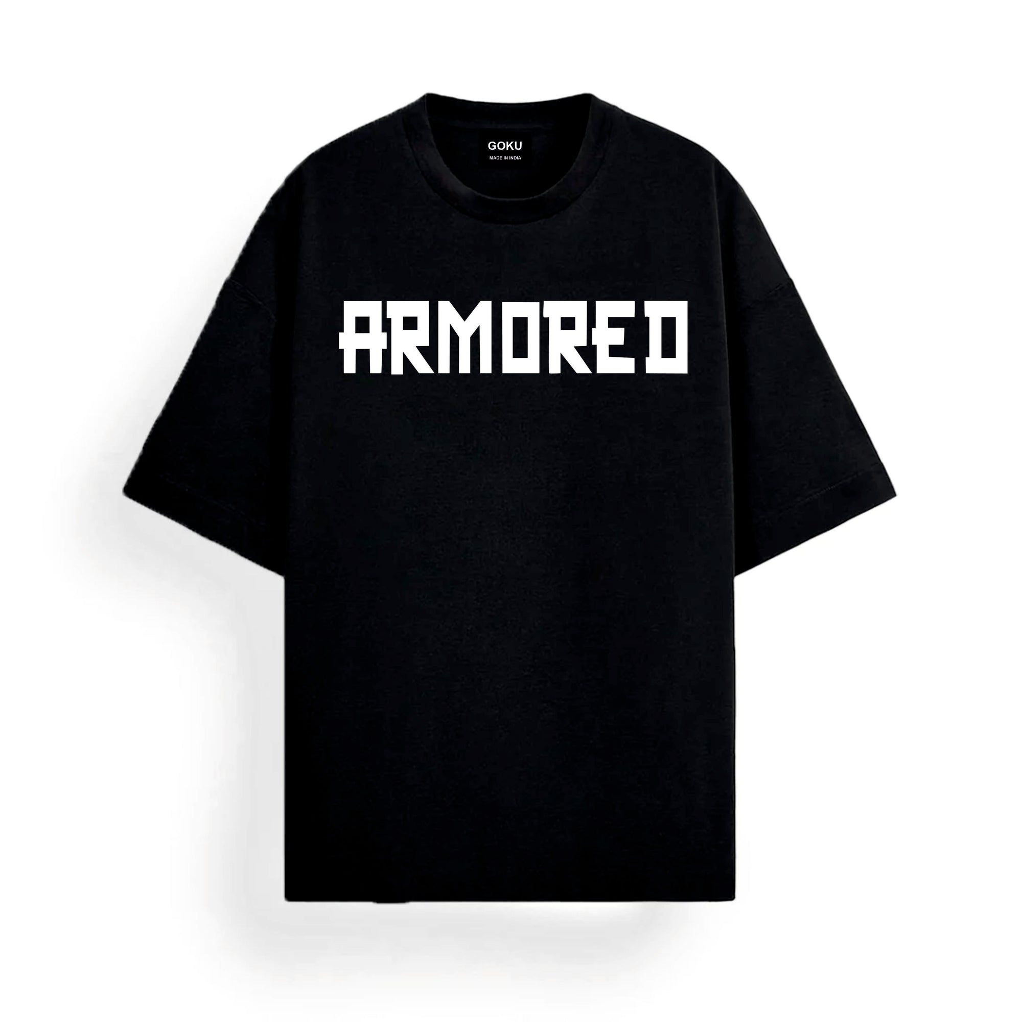 Black t-shirt with 'ARMORED' printed in white