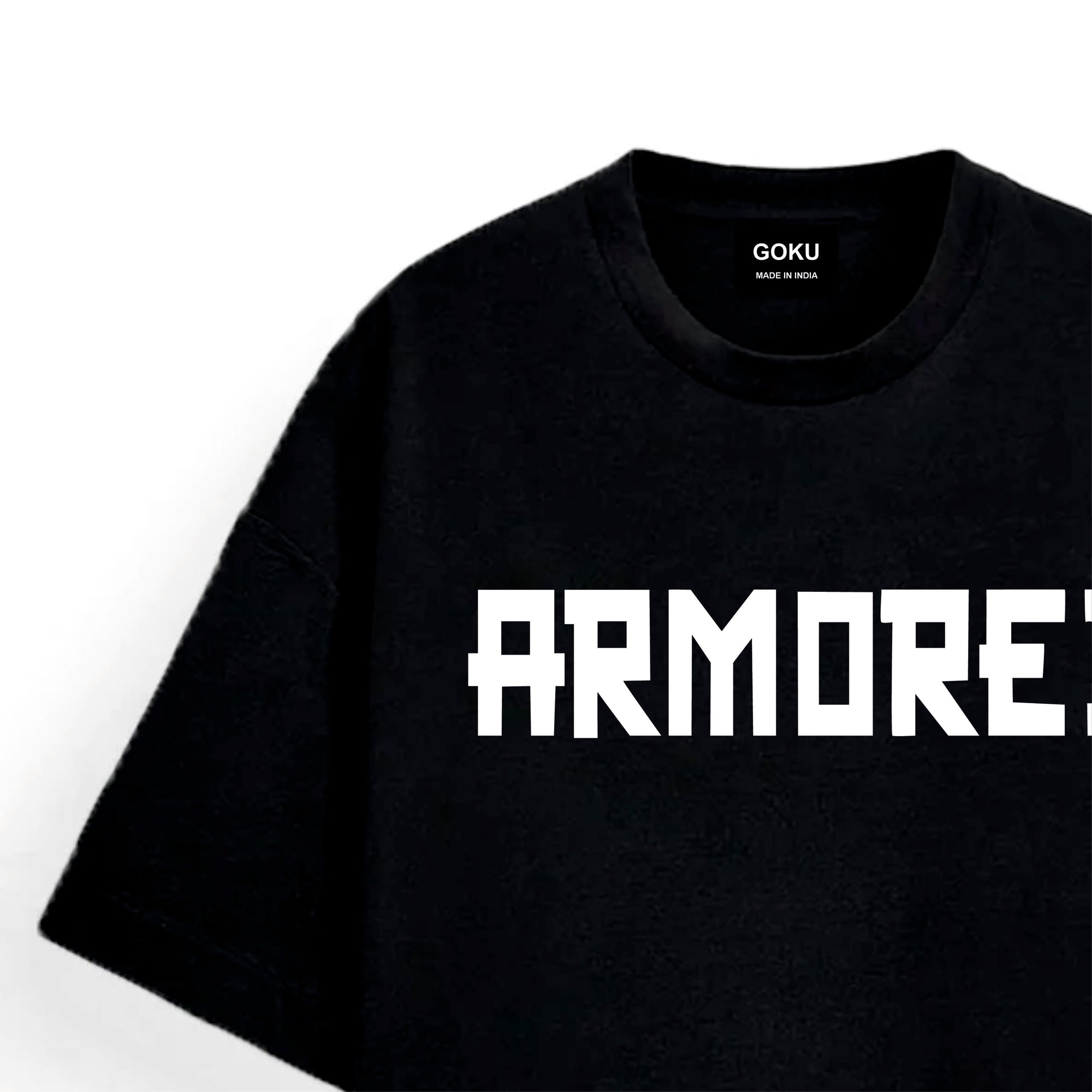 Black t-shirt with 'ARMORe' printed on it against