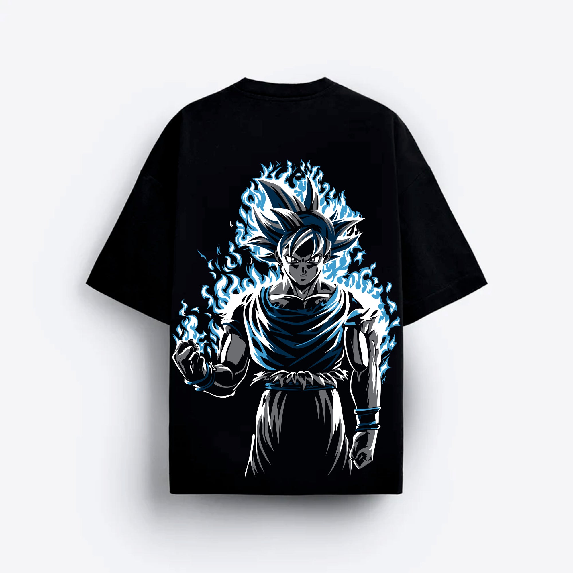 Black t-shirt with a character design featuring blue flames