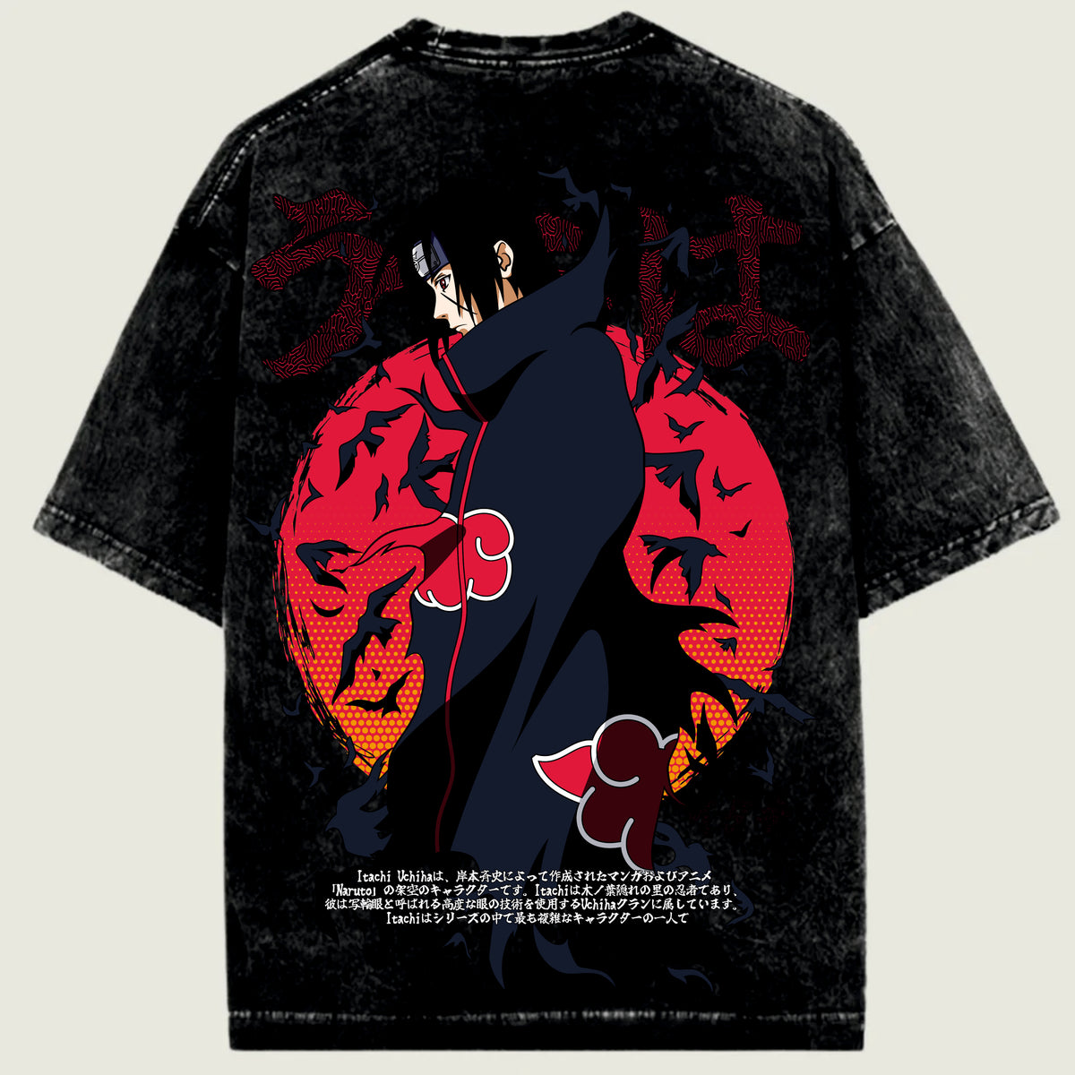 Black t-shirt with red and blue graphic design on a light beige background