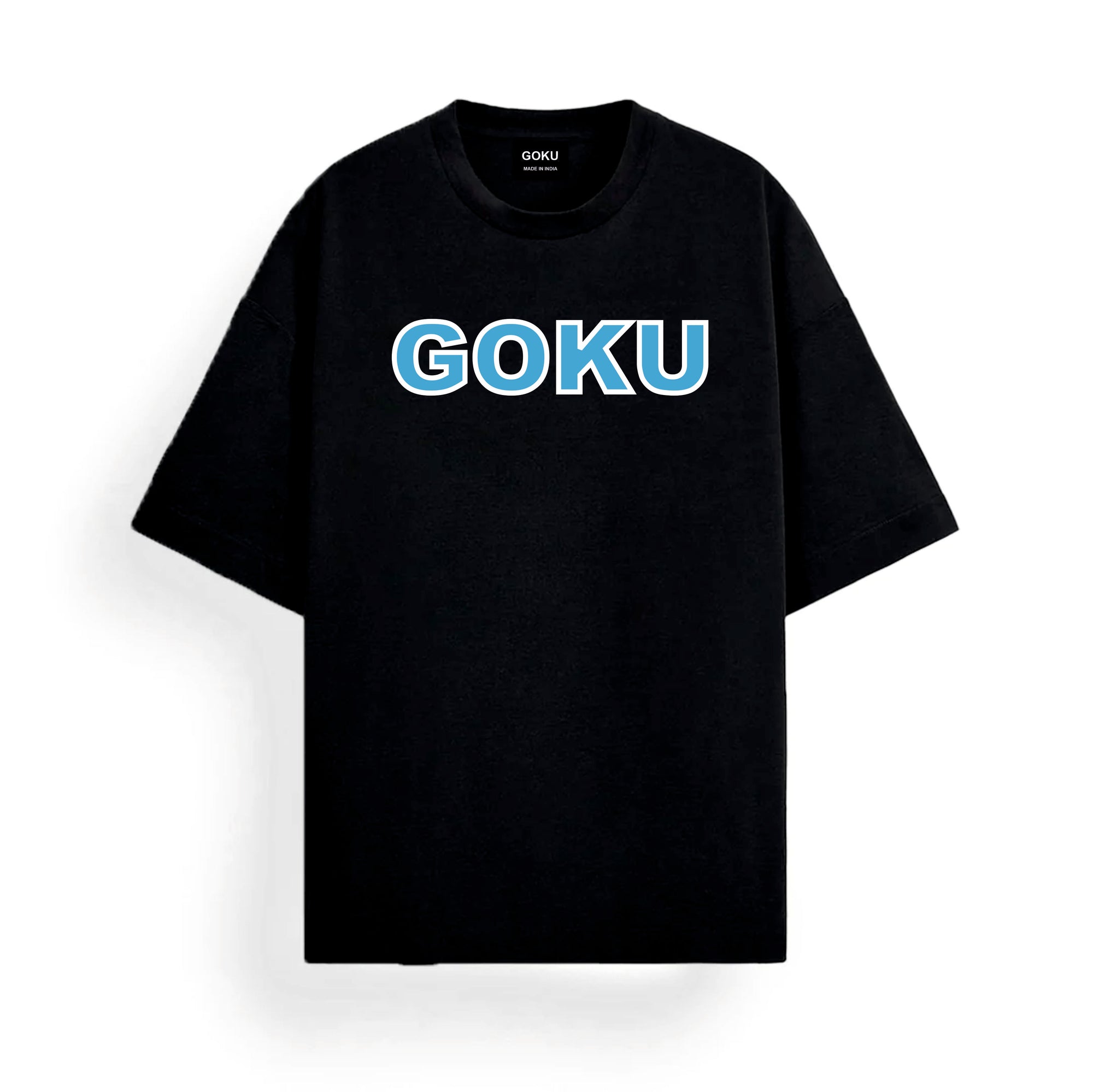 Black t-shirt with 'GOKU' printed in blue