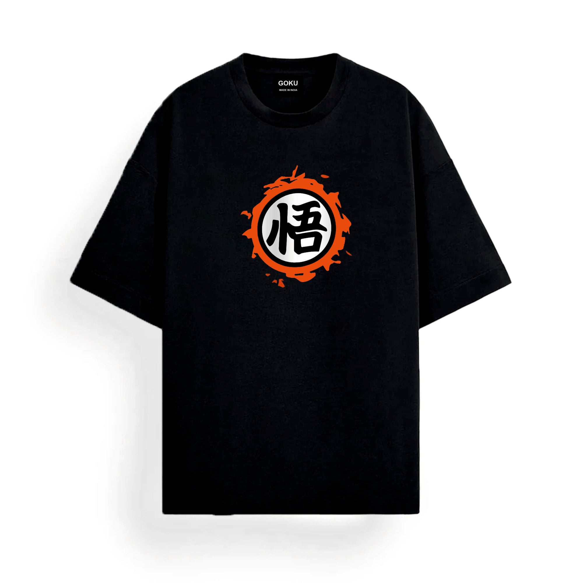 Black t-shirt with a red and orange symbol